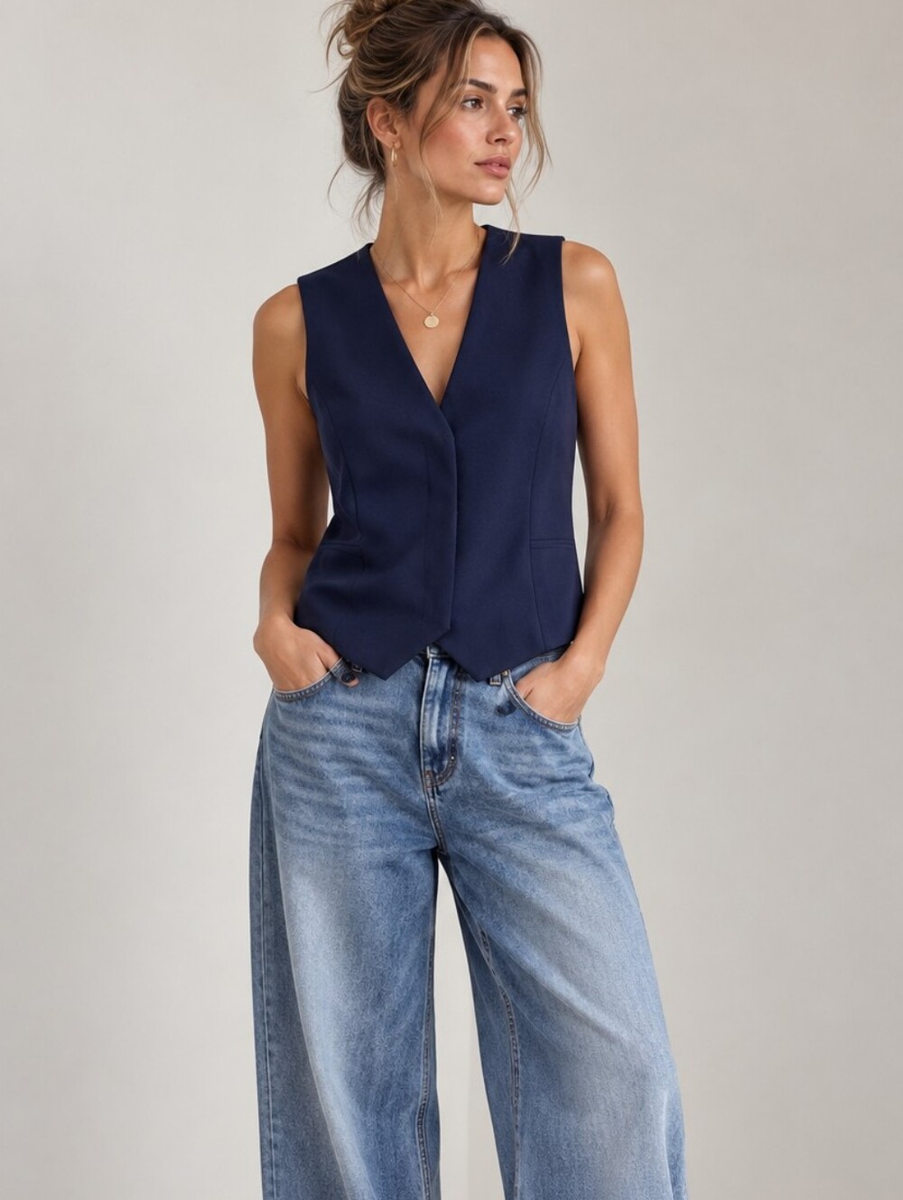 MANGO Navy Blue Covered Button Placket Suiting Vest Small